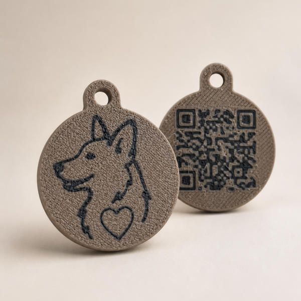 Two round pet ID tags, one with a dog outline and one with a QR code